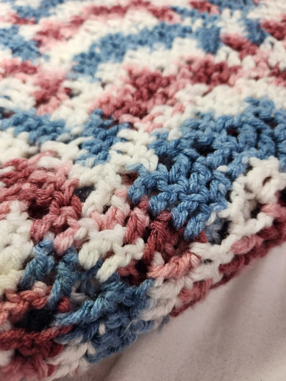 Handmade Crochet Throw Blanket Pink Blue White Fringe Granny 34x80  See Descript